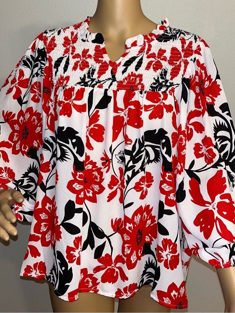 NWT Multiples Floral Smocked Peasant Blouse Red Black White PL Petite Large